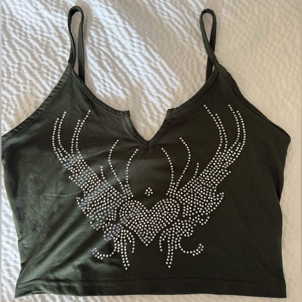 Olive Green Embellished Sparkly Y2K Women's Top
